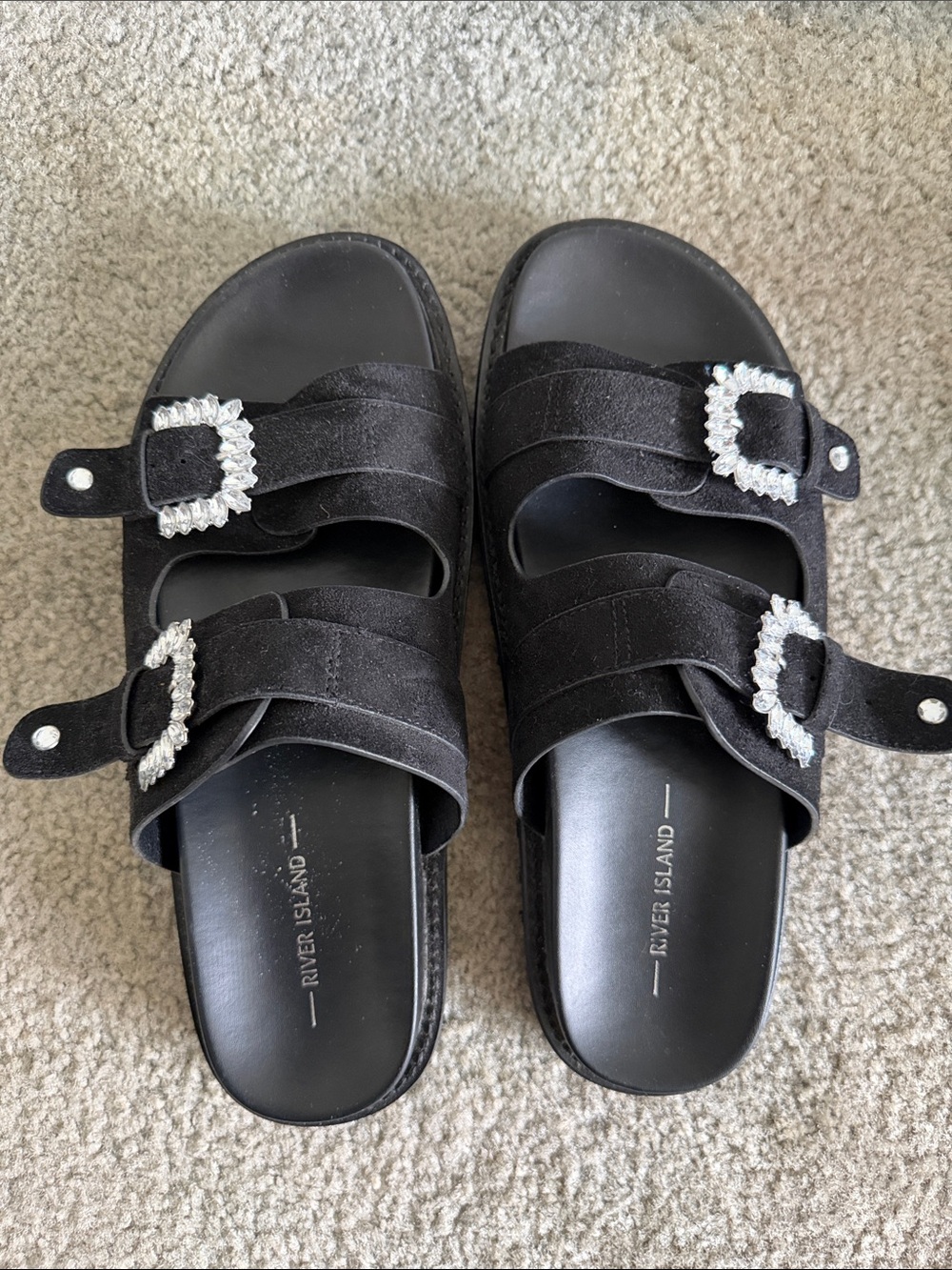 River Island Black Suede Slide Sandals with Crystal Buckles